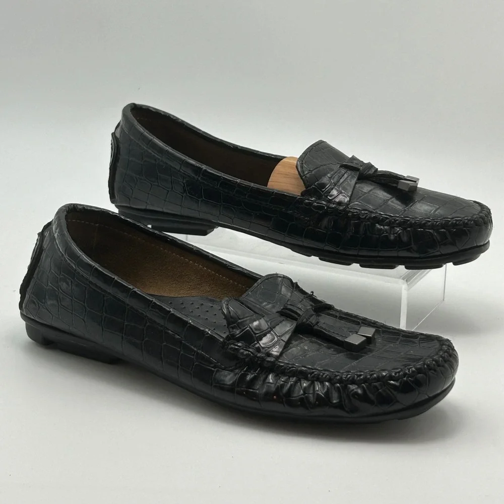 VTG St Johns Bay Loafers Women 8.5 Black Croc Embossed Tassel Driving Mocs Prepp